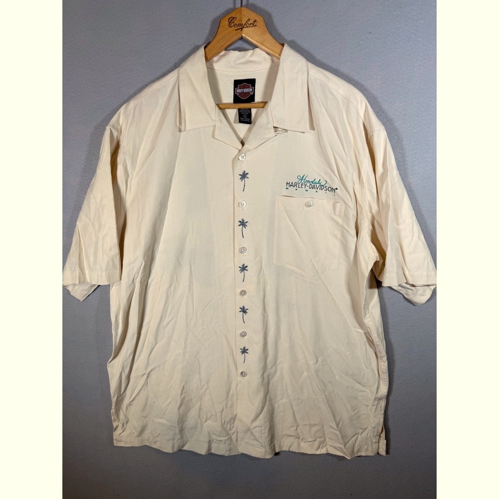 Harley-Davidson Honolulu Hawaii Silk Blend Button Up Shirt Cream XL Embroidery